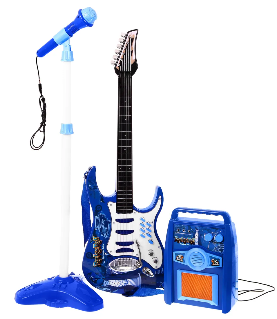 duza-gitara-niebieska-stojak-regulowany-mikrofon