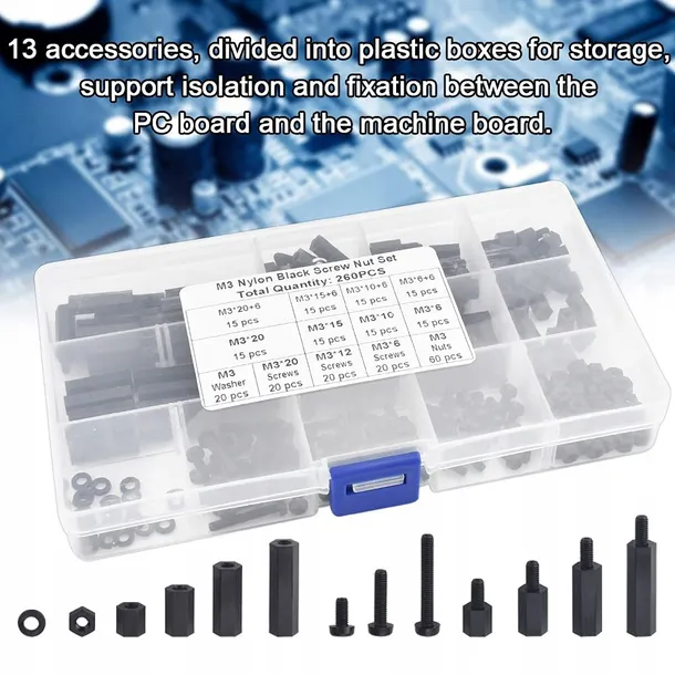 nylonowe-sruby-dystansowe-260szt-m3-stan-nowy-kod-producenta-m3-nylon-black-screw-nut-set