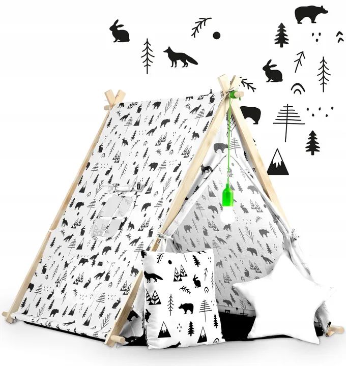 namiot-domek-dla-dzieci-tipi-z-lampka-i-poduszkami-bialy