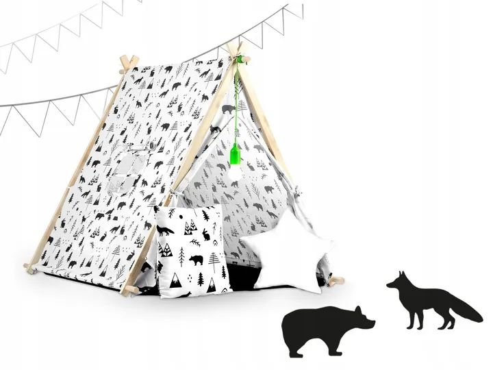 namiot-domek-dla-dzieci-tipi-z-lampka-i-poduszkami-bialy