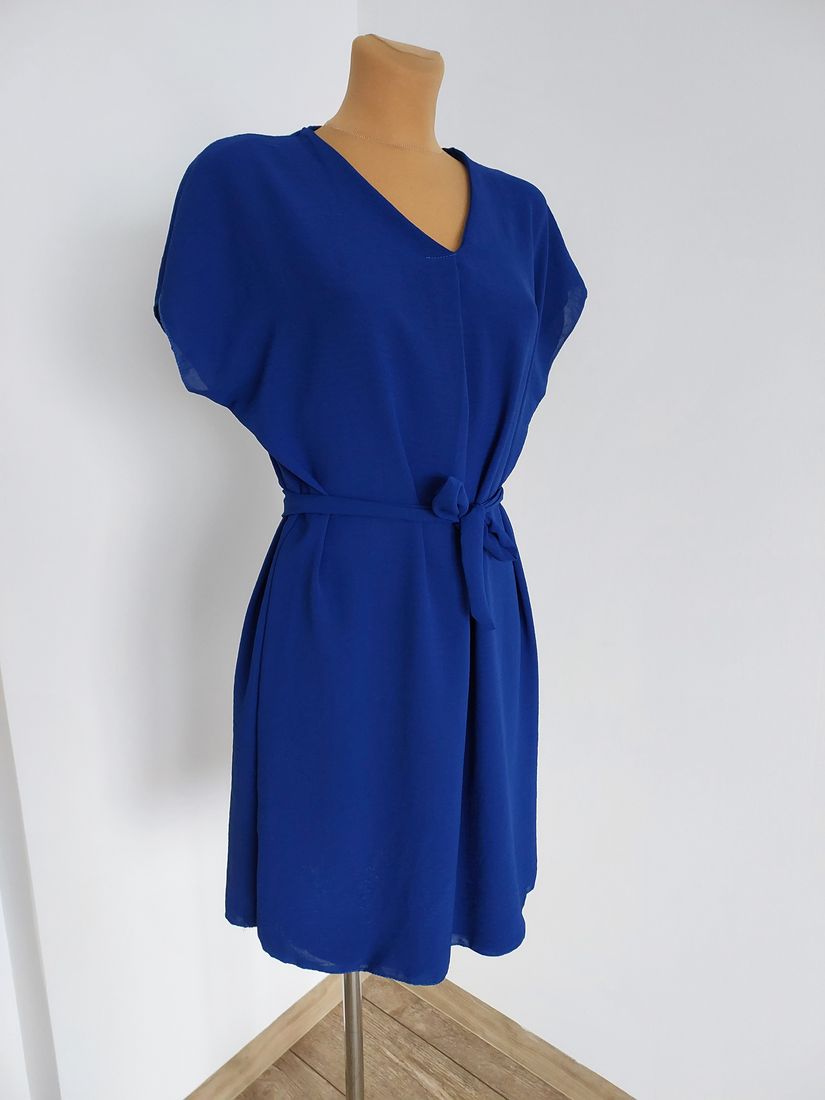 Kobaltowa Minimalistyczna Sukienka Z Paskiem L 