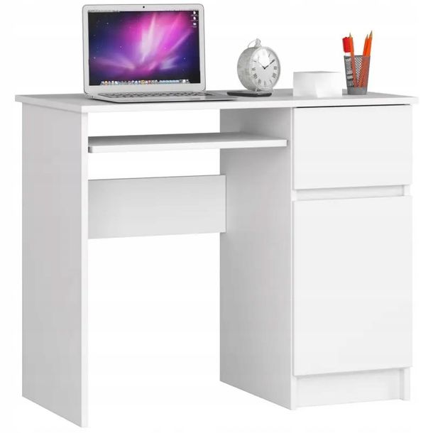 Фото - Офісний стіл ﻿Biurko komputerowe 90 cm Piksel prawe małe 3 półki 1 szuflada 1 drzwi Bia