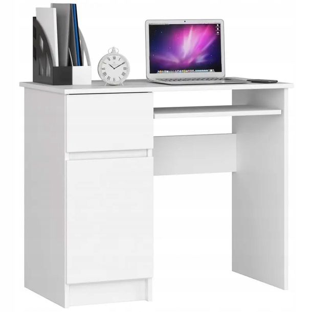 Фото - Офісний стіл ﻿Biurko komputerowe 90 cm Piksel lewe małe 3 półki 1 szuflada 1 drzwi Biał