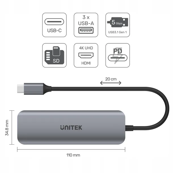 hub-usb-c-2xusb-3-1-pd-100w-sd-microsd-hdmi-unitek-kod-producenta-h1107d-stan-nowy