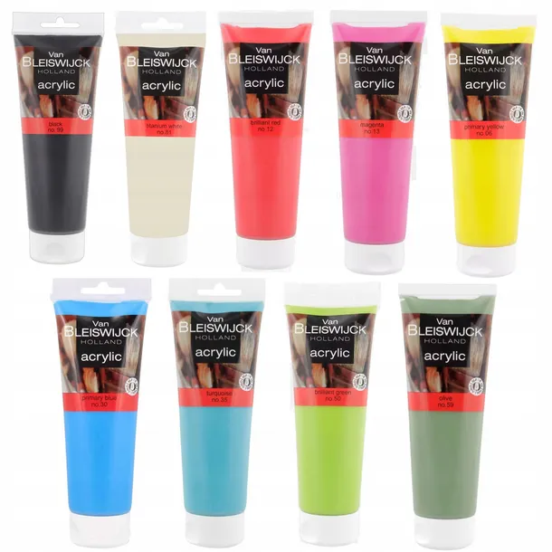 farby-akrylowe-250ml-9szt-kolory-pedzle-plotna-stan-nowy
