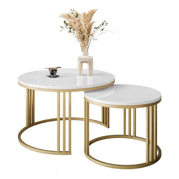 Фото - Обідній стіл Lori ﻿Okrągły stolik kawowy 2w1  GOLD biały złoty 