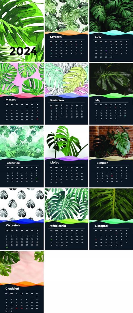 KALENDARZ 2024 13 STRON A3 LIŚCIE MONSTERA – 158104844 - ERLI.pl