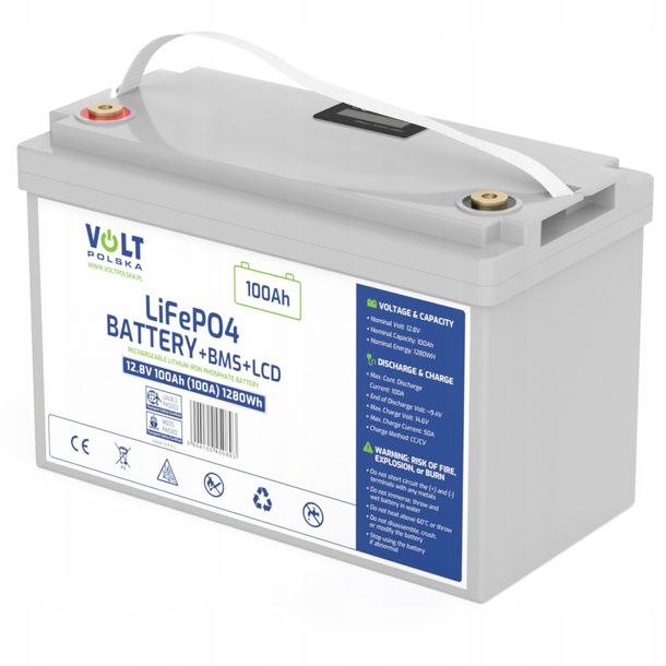 ﻿AKUMULATOR BEZOBSŁUGOWY LiFePO4 VOLT 12V 100Ah (100A) + LCD+BMS LEKKI