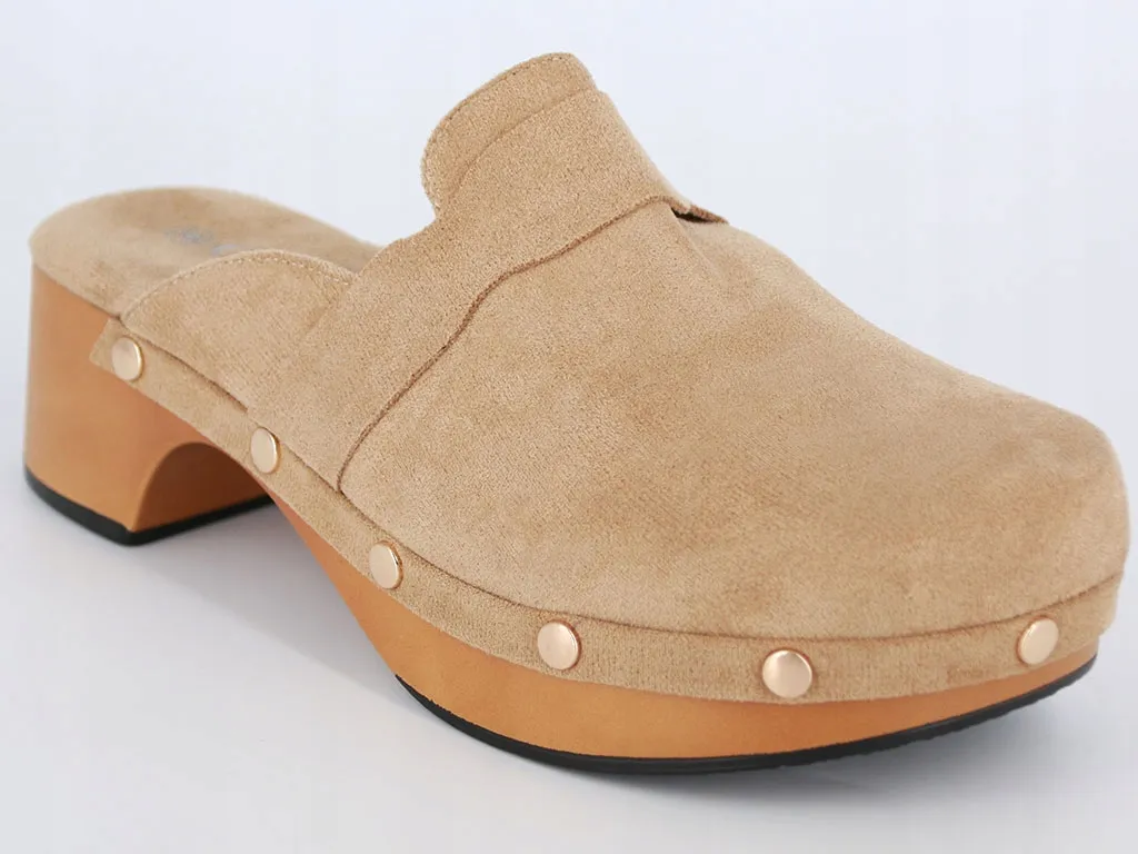 KLAPKI CHODAKI DREWNIAKI KHAKI BUTY DAMSKIE ZAMSZ NA OBCASIE