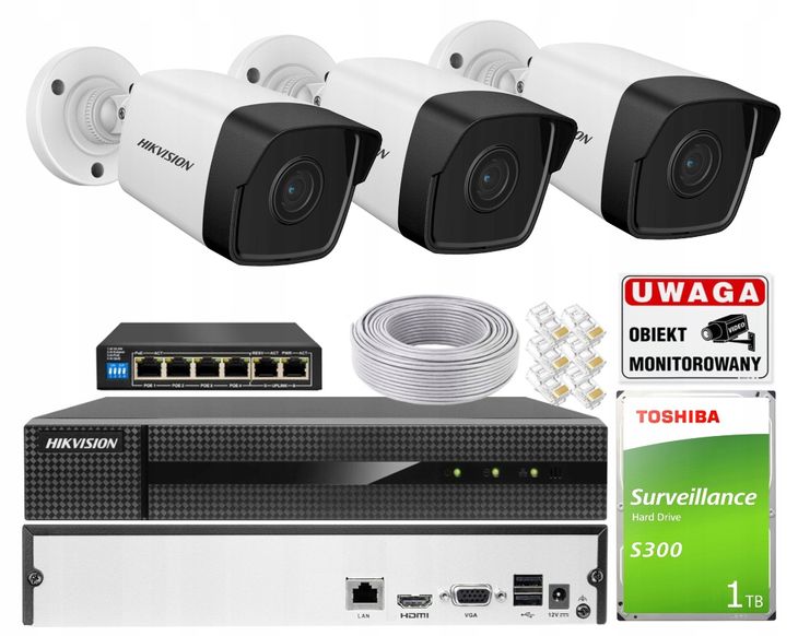 Zestaw Hikvision Zewnętrzny 3x IPCAM-B4 4Mpx PoE