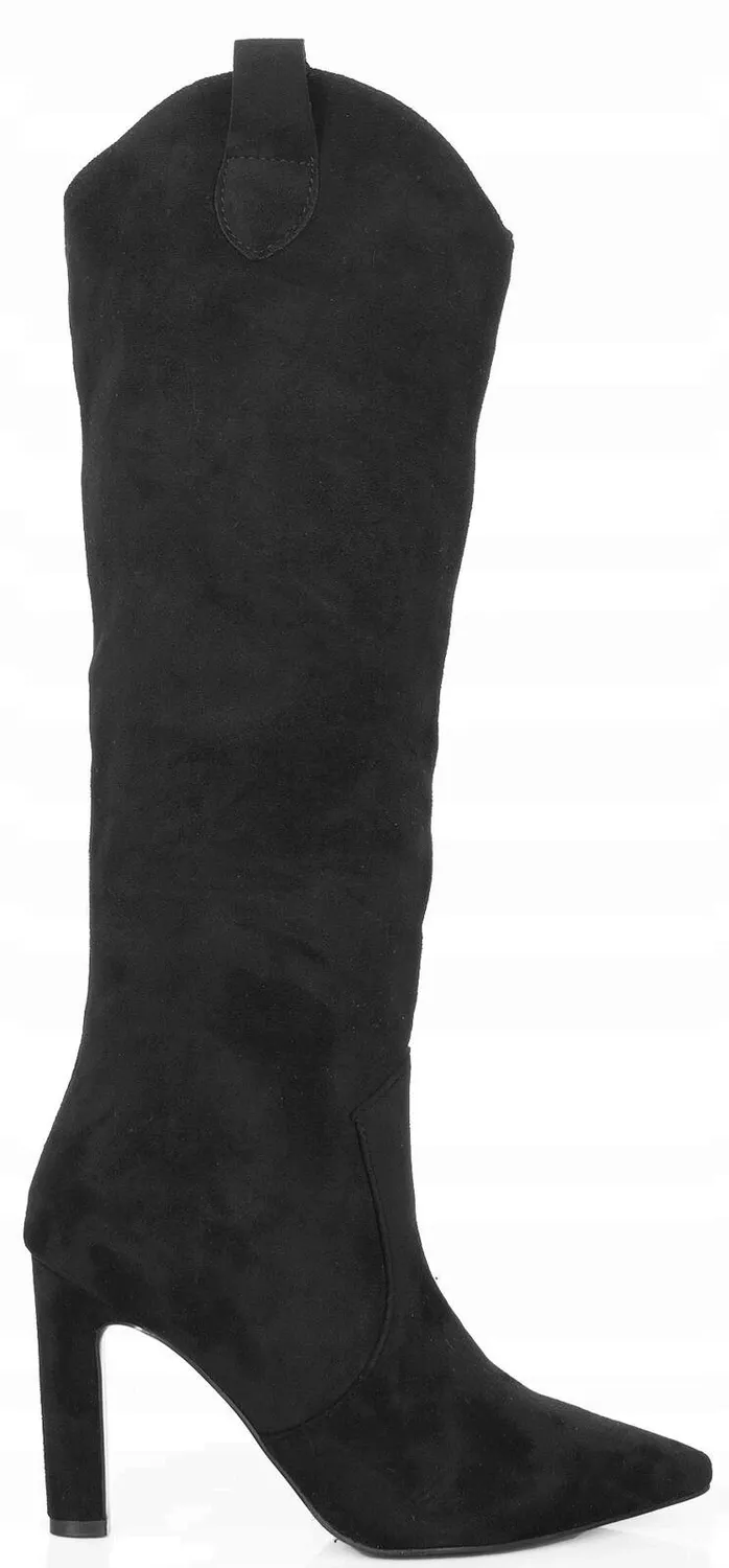 SHŌMKA 7744 CZARNE ZAMSZOWE KOZAKI SZPIC NA SŁUPKU KOWBOJKI 36