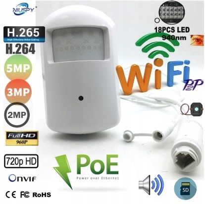 UKRYTA KAMERA W CZUJCE RUCHU WIFI AUDIO 5MPX SONY FULL HD POE