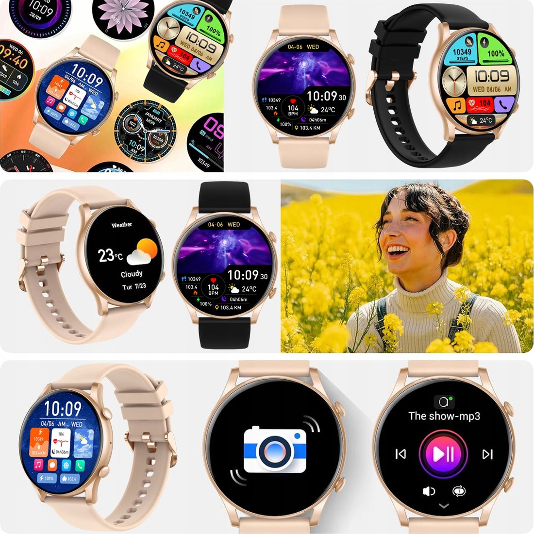 ZEGAREK DAMSKI SMARTWATCH ZŁOTY Z CIŚNIENIOMIERZEM ROZMOWY PASKI MENU PL ERLI pl