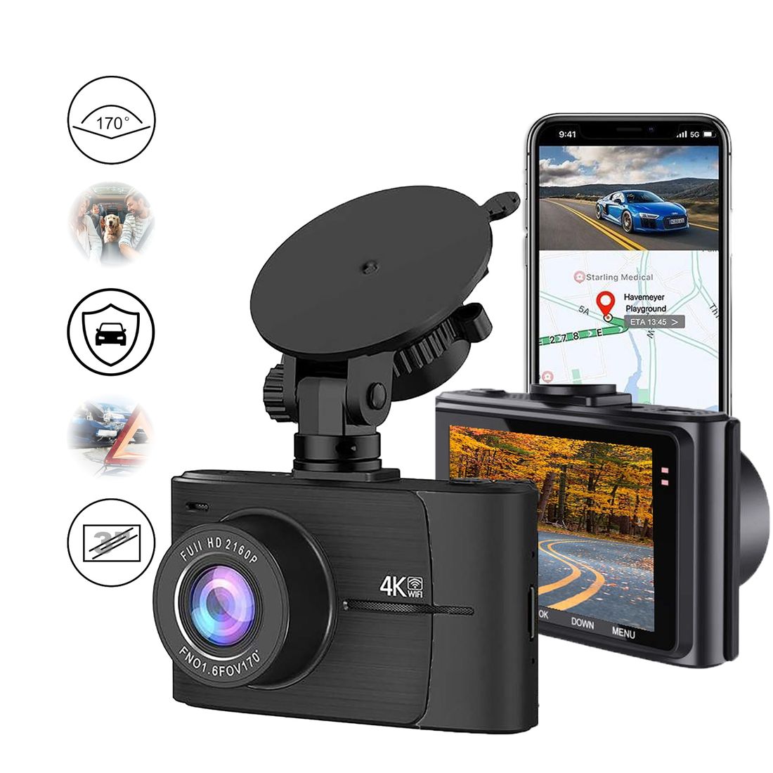Wideorejestrator samochodowy kamera samochodowa 4k UHD GPS WiFi Przód i ...