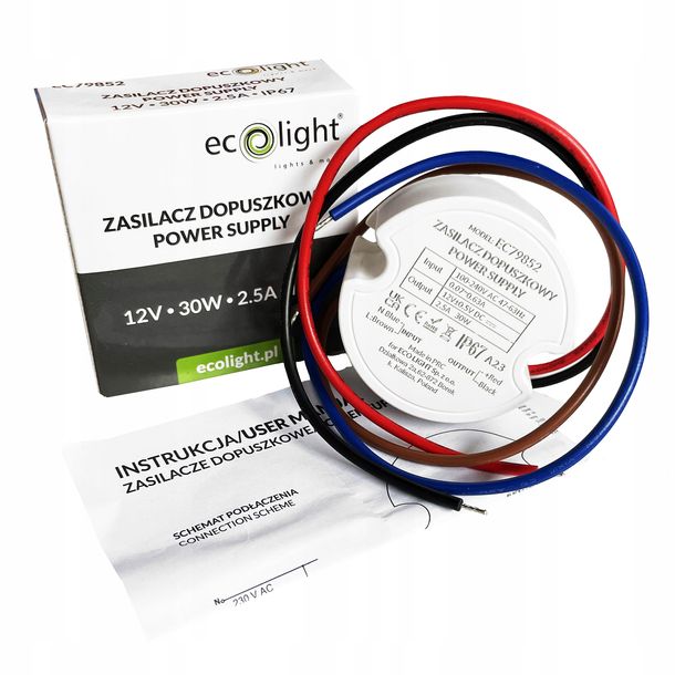 ZASILACZ TRANSFORMATOR do puszki fi60 2,50A 30W 12V IP67 50x22