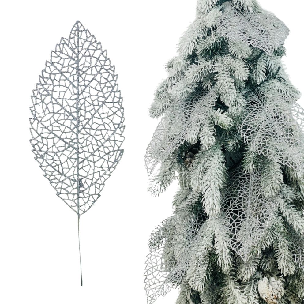 Srebrny liść ażurowy w brokacie - Liście do stroików i na choinkę 37 cm