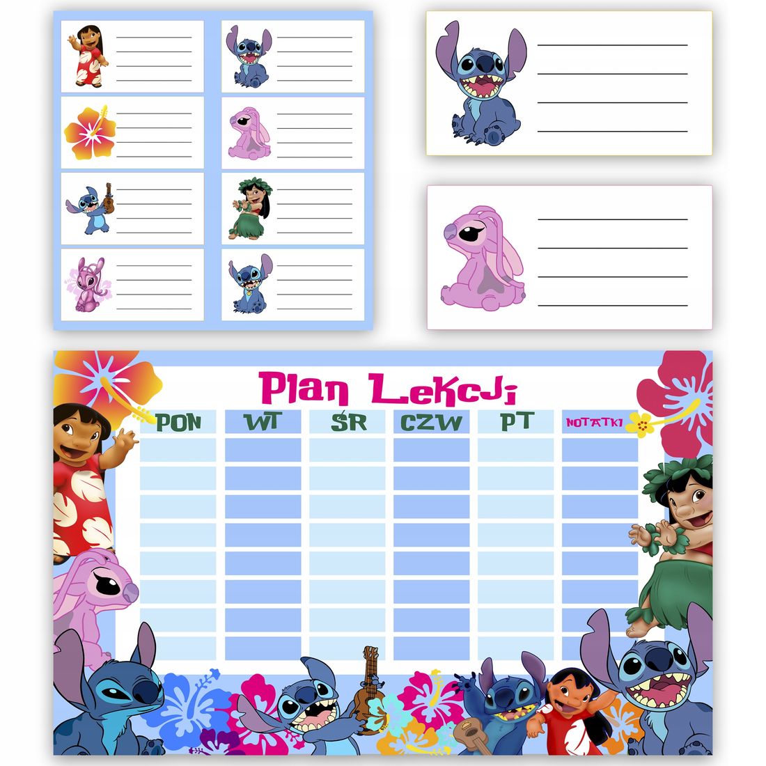 ZESTAW PLAN LEKCJI + NAKLEJKI NALEPKI NA ZESZYT DLA FANA LILO STITCH