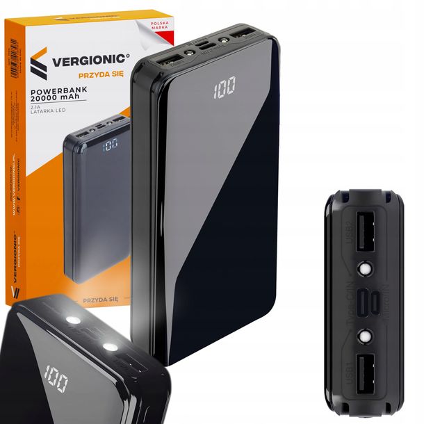 Powerbank 20000mAh 2,1A Latarka LED Zabezpieczenia przed Uszkodzeniem