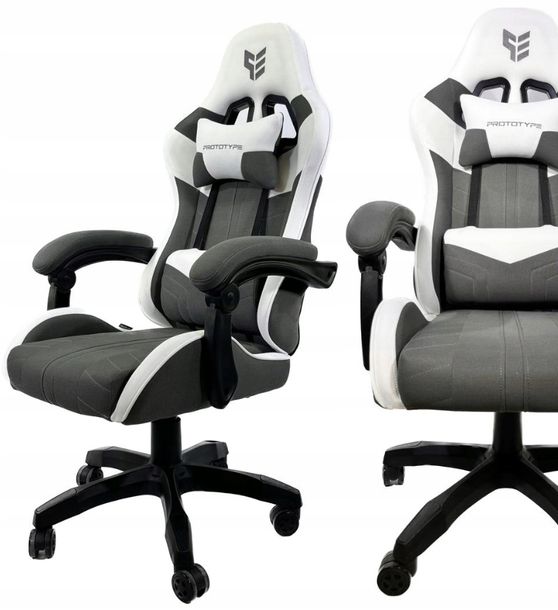 Fotel gamingowy obrotowy biurowy krzesło do biurka szary tkanina biały