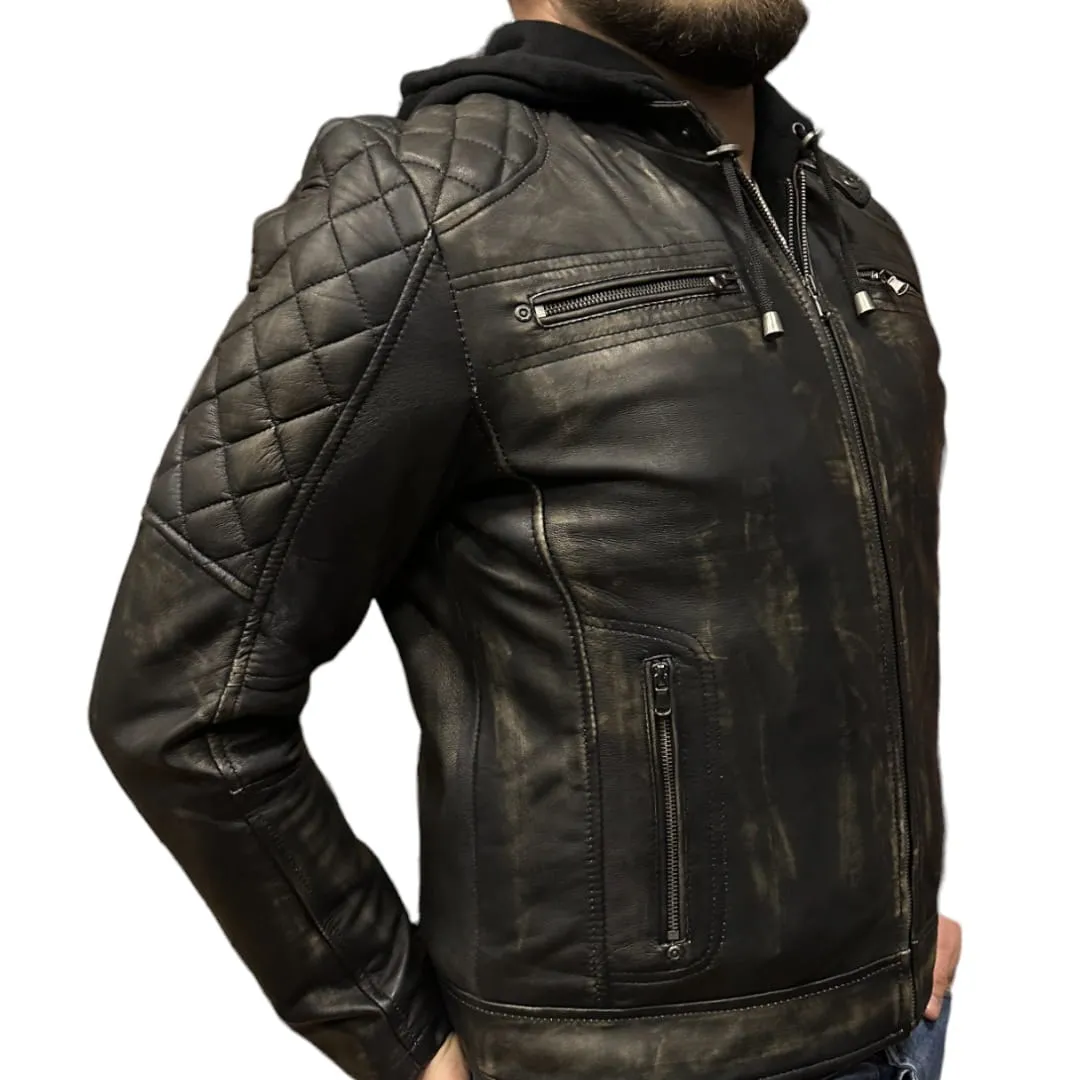 【K.RAMONE】 Kurtka Skórzana Męska Motocyklowa Ramoneska z Kapturem - M