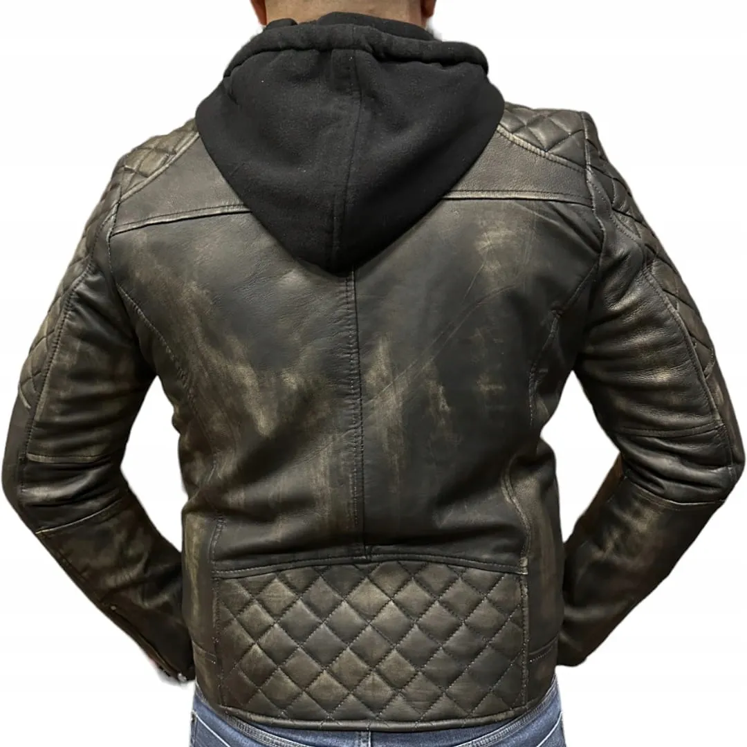 Kurtka Skórzana Męska Motocyklowa Ramoneska z Kapturem - M