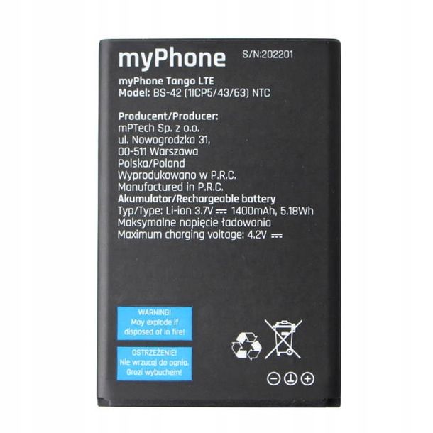 Oryginalna Bateria mPTech myPhone TANGO LTE, TANGO LTE+ , BS-42 , 1400mAh.