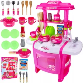 kuchnia-dziecieca-piekarnik-talerze-garnki-kran-sztucce-dla-dzieci-rozowa