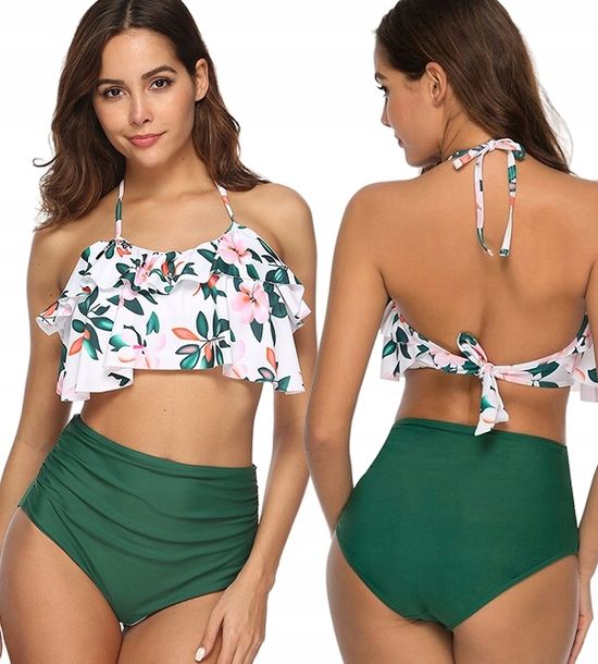 ﻿STRÓJ KĄPIELOWY BIKINI ZWIEWNY FALBANKA ZAKRYWAJĄCY WYSOKI STAN MAJTEK / S