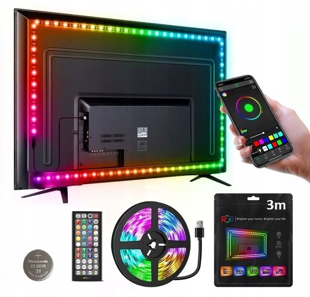 ﻿Taśma LED USB 5050 TV RGB 3M Ledy do Telewizora Podświetlenie PILOT APKA 5V