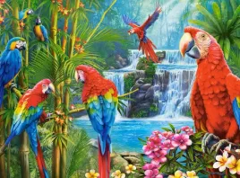 puzzle-2000-ukladanka-kwiaty-dzungla-papugi-ptaki-wodospad-bambus-9-castor