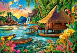 puzzle-1000-ukladanka-widok-tropikalna-wyspa-chata-lodzie-dzungla-9-castor