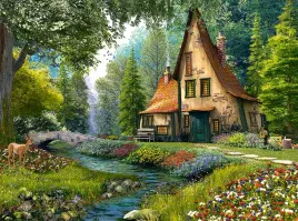 puzzle-2000-ukladanka-krajobraz-widok-domek-w-lesie-kwiat-rzeka-most-castor