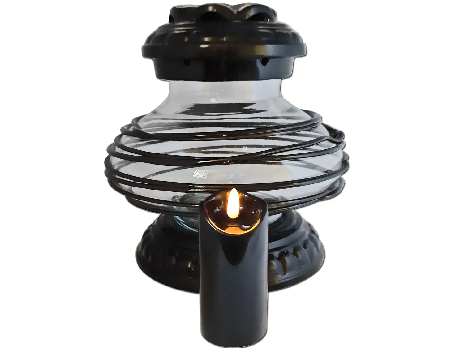 ZNICZ ZNICZE LAMPION NA GRÓB CERAMIKA UFO OPLOT CZARNY+ŚWIECA LED CZARNA