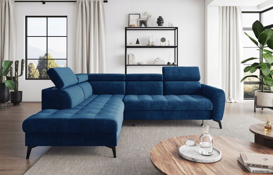 Lewy narożnik granatowy Bjorn L rozkładany na sprężynach falistych