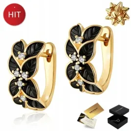 zlote-kolczyki-dla-kobiety-czarne-kwiaty-585-zapiecie-angielskie