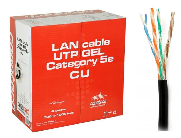﻿Kabel LAN UTP Zewnętrzny Żel Skrętka Miedź CU PE 305m Żelowany do Internetu