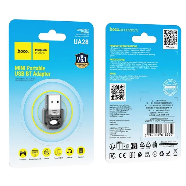 hoco-adapter-usb-a-bluetooth-ua28-transparentny-czarny-stan-nowy