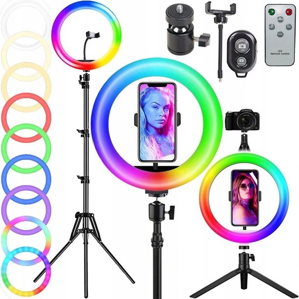 ﻿LAMPA PIERŚCIENIOWA LED RING RGB ZE STATYWEM DO ZDJĘĆ FILMÓW SELFIE MAKIJAŻ