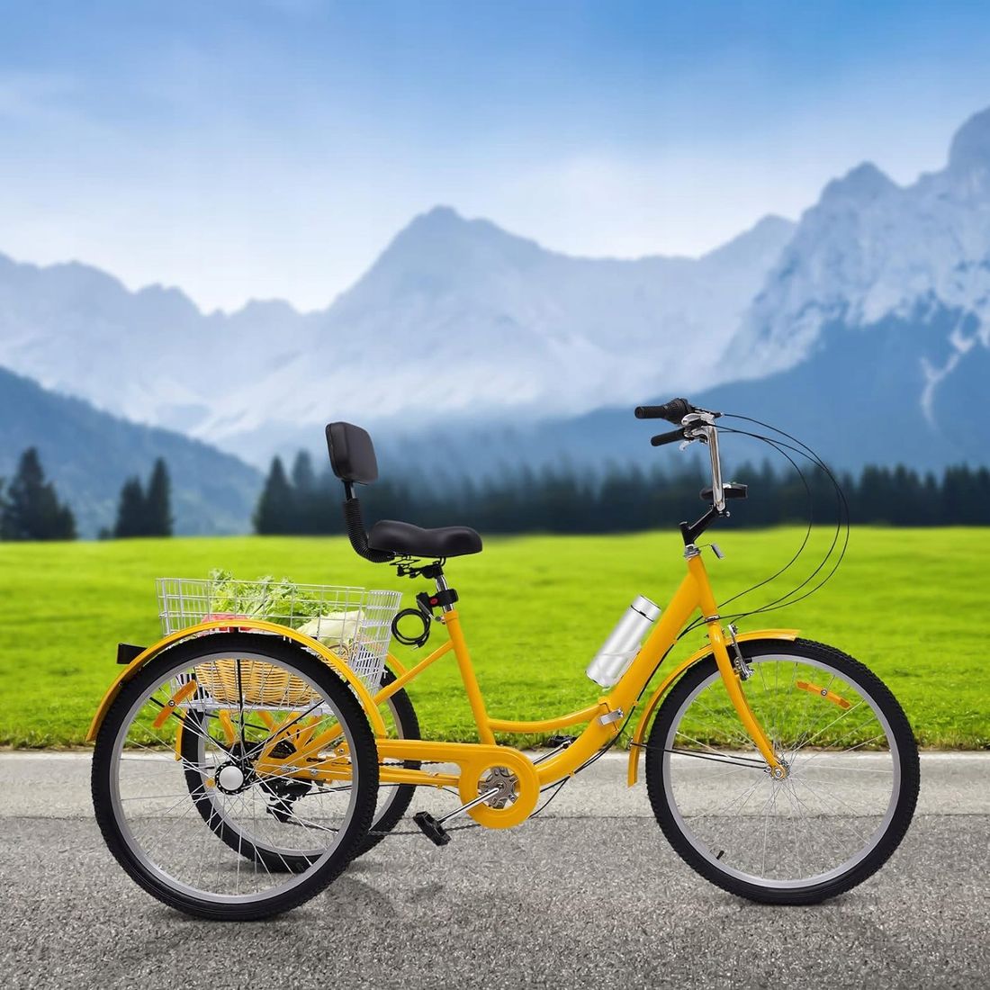 ROWER TRÓJKOŁOWY DLA DOROSŁYCH 24 CALE SKŁADANY ŻÓŁTY 7 BIEGÓW KOSZYK ...
