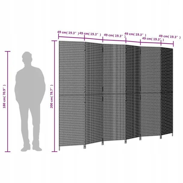 vidaxl-parawan-6-panelowy-szary-polirattan-stan-nowy-wysokosc-parawanu-200-cm