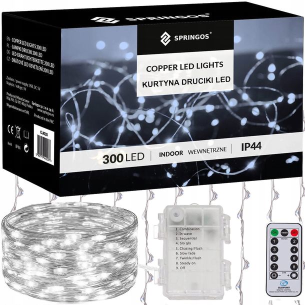 Zdjęcia - Girlanda Springos ﻿KURTYNA ŚWIETLNA NA BATERIE 300 LED LAMPKI 3x3M 8 FUNKCJI ZIMNE ŚWIATŁO 