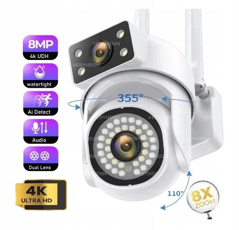 ﻿Kamera WIFI zewnętrzna O-KAM PODWÓJNY OBIEKTYW DWIE KAMERY PODCZERWIEŃ 8MPX