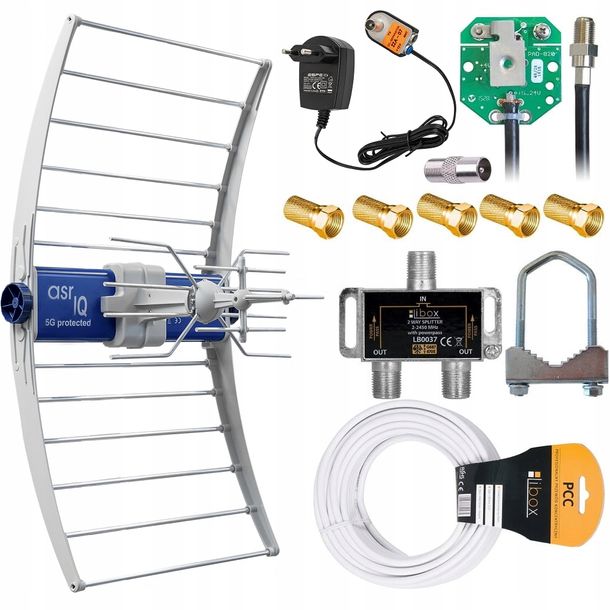 ﻿ANTENA DVBT2 DO TV NAZIEMNEJ ZEWNĘTRZNA ASR IQ 5G 4K ZESTAW NA 2TV + KABEL