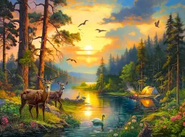 puzzle-3000-ukladanka-widok-zwierzeta-zachod-slonce-las-rzeka-9-castor