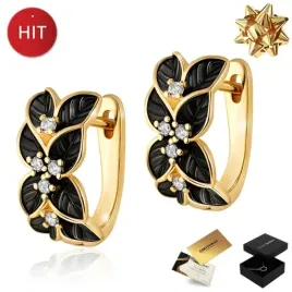 zlote-kolczyki-dla-kobiety-czarne-kwiaty-585-zapiecie-angielskie