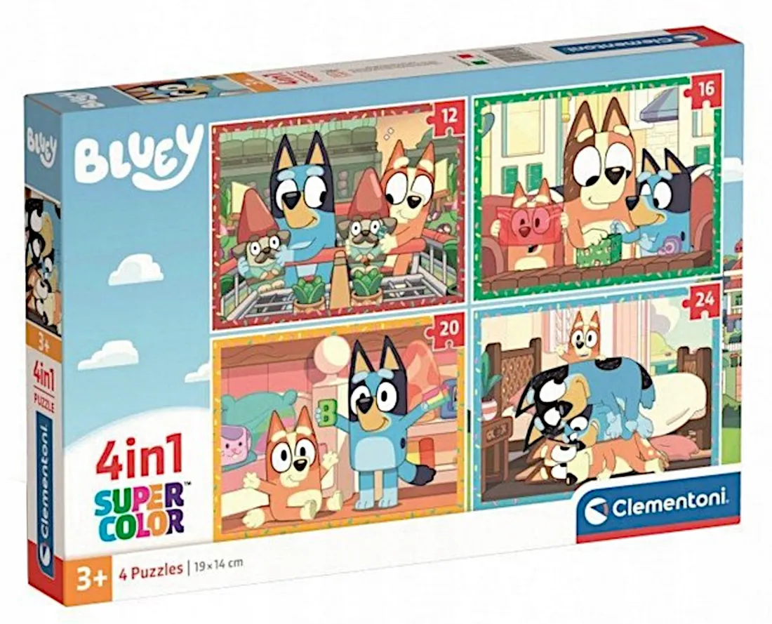 PUZZLE 4W1 BLUEY PIESKI PIESEK BLUE SUPER COLOR 4 UKŁADANKI CLEMENTONI ...