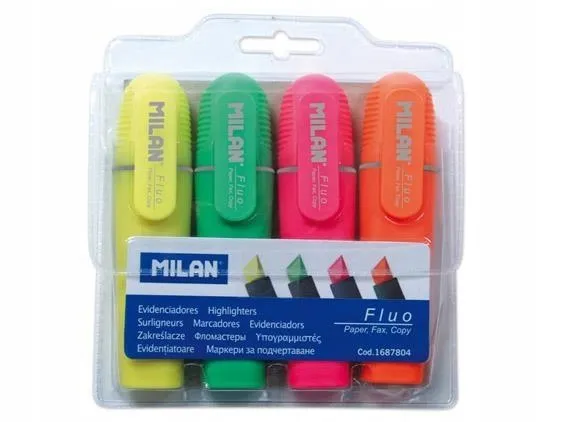 zakreslacz-fluo-plaski-4-kolory-milan-waga-z-opakowaniem-0-2-kg