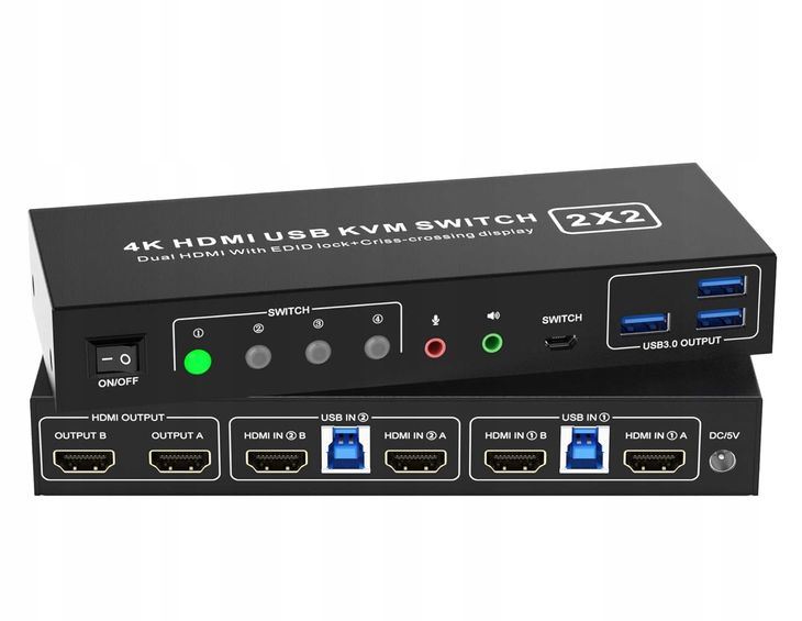 ﻿Przełącznik KVM na 2 PC, EDID HDMI 4K60Hz, z wyjściem audio i 3xUSB 3.0