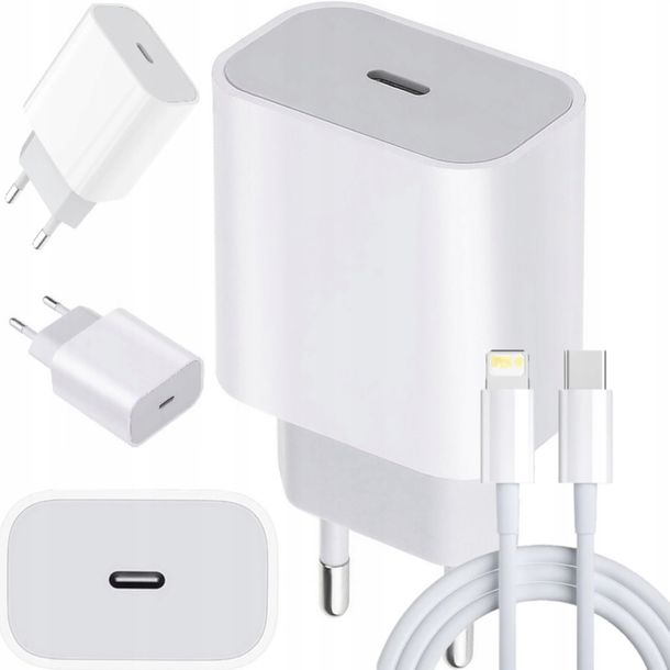 ﻿SZYBKA ŁADOWARKA DO IPHONE 11 12 13 14 KOSTKA 20W + KABEL 1M USB-C LIGHTING