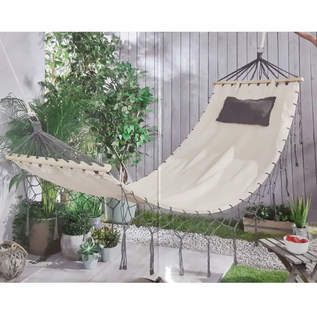 gardenic-hamak-boho-191x77cm-100kg-krem-grafit-stan-nowy